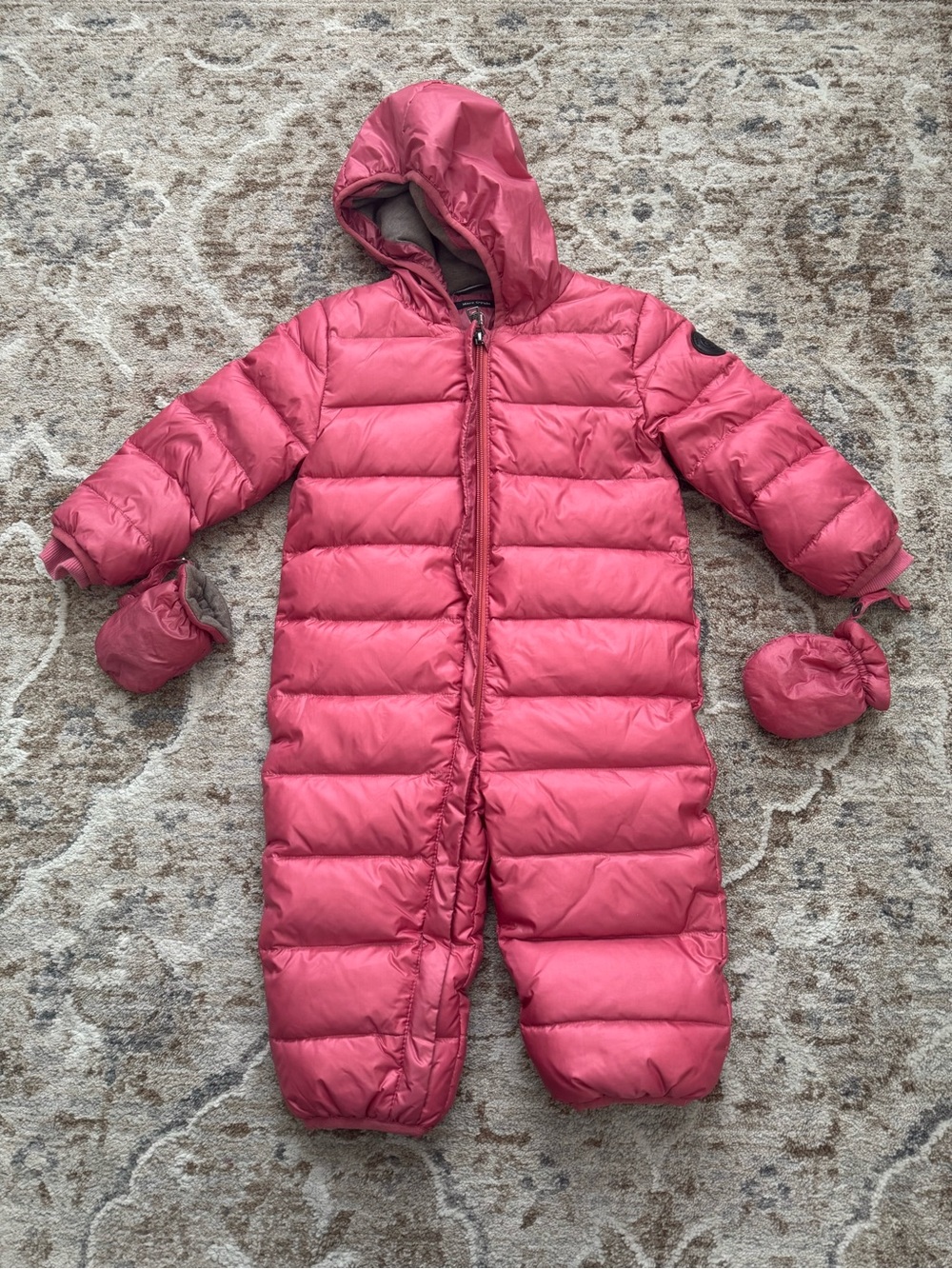 Snowsuit Kids Coral Pink Hooded Puffer Snowsuit with Mittens size 12-18 mo